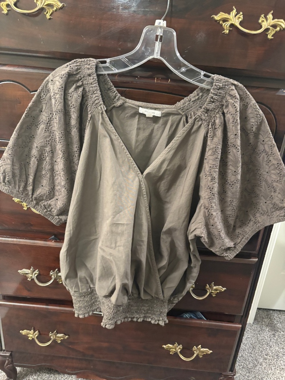 Maurices Taupe Eyelet Puff-Sleeve Smocked Hem Blouse